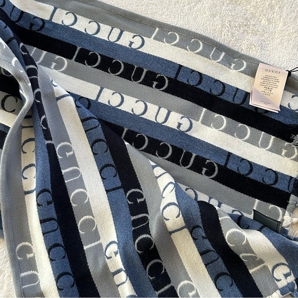 Authentic Gucci Unisex Striped & Signature Wool Scarf Blue Gray White - Picture 6 of 11